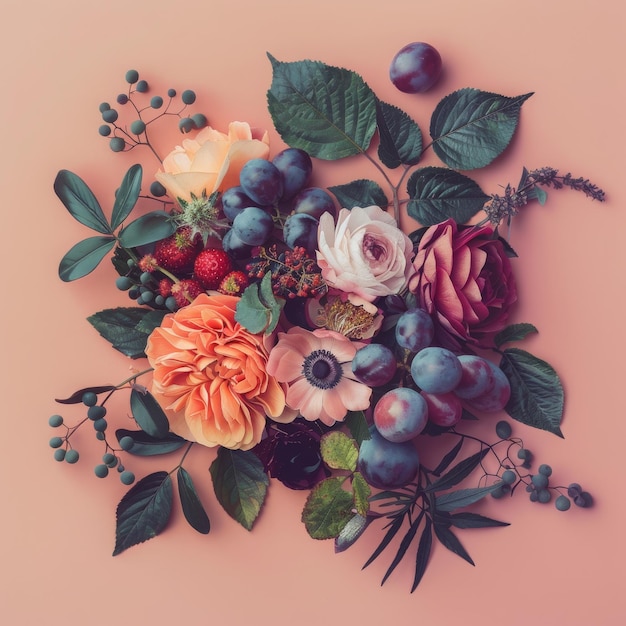 Collection of flowers and fruits in composition with backgrounds of pastel colors