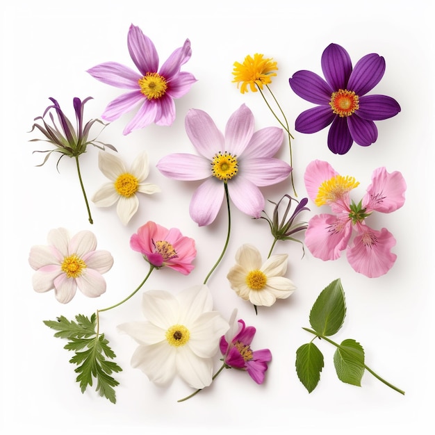 A collection of flowers including one that has a purple center.