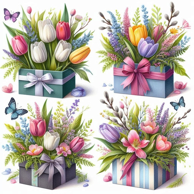 a collection of flowers including tulips butterflies and butterflies