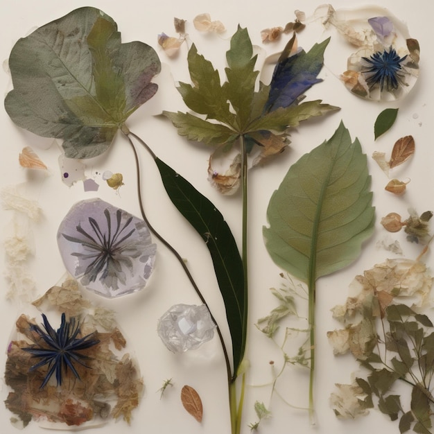 a collection of flowers and leaves on a table