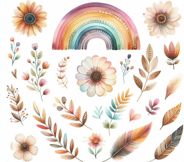 a collection of flowers and a rainbow are shown on a wall