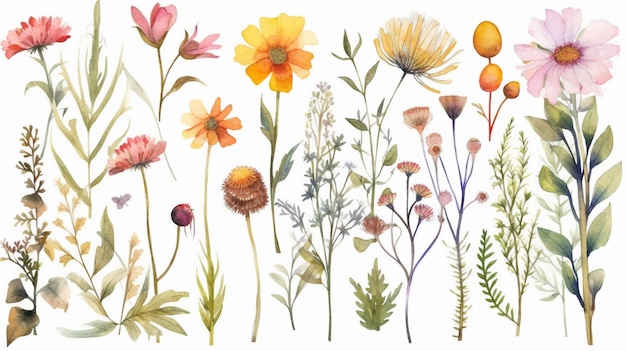 A collection of flowers on a white background.