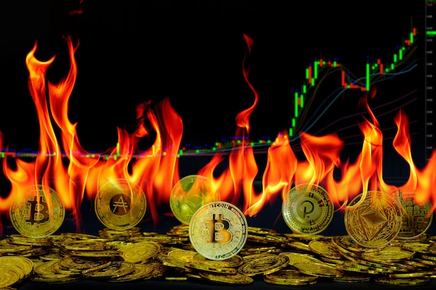 Collection fo gold coin cryptocurrency at fire flame and trading chart background