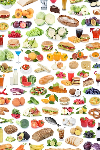 Collection of food and drink background collage healthy eating fruits vegetables portrait format fruit drinks isolated