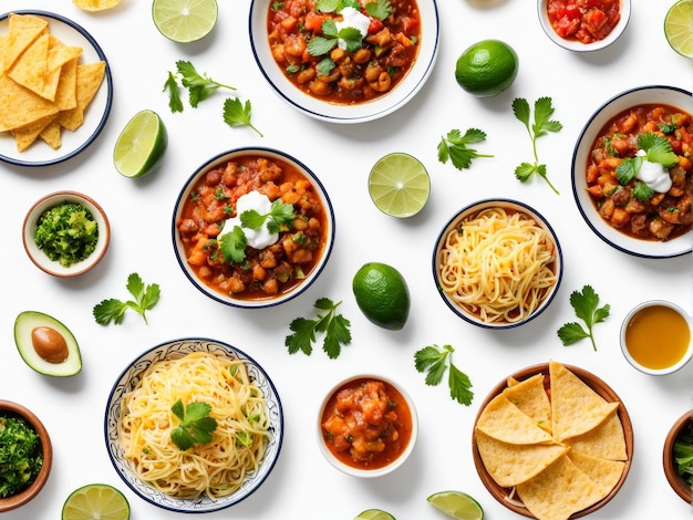 a collection of food including beans rice and veggies