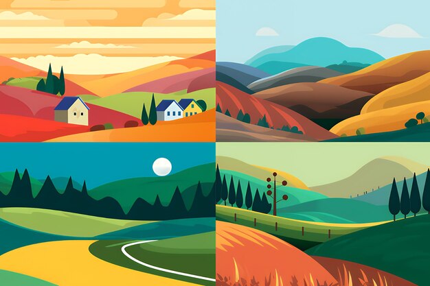 Photo a collection of four scenic landscapes featuring rolling hills vibrant colors and minimalist details