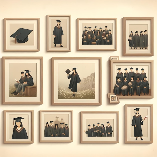 A collection of framed photographs capturing special moments from the graduates academic journey