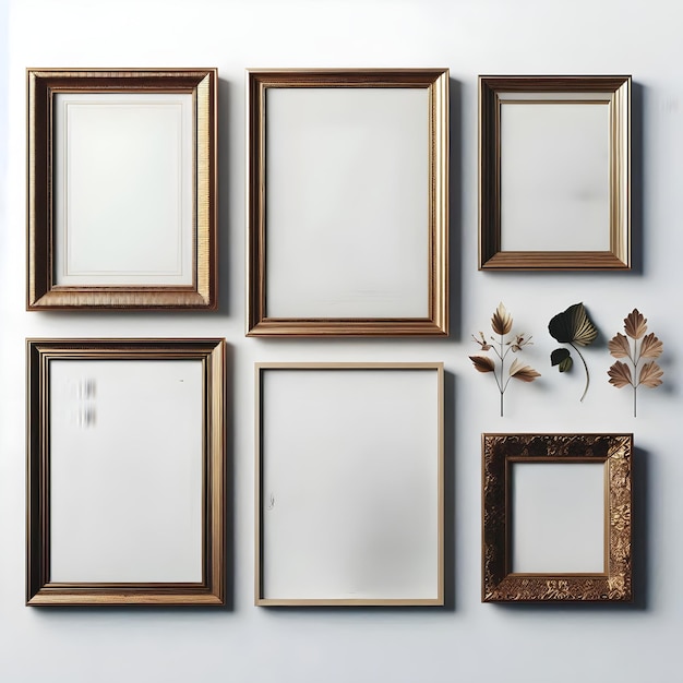 a collection of framed pictures are on a white wall