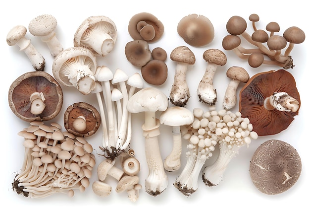 Collection of Fresh Edible Mushrooms on White Background