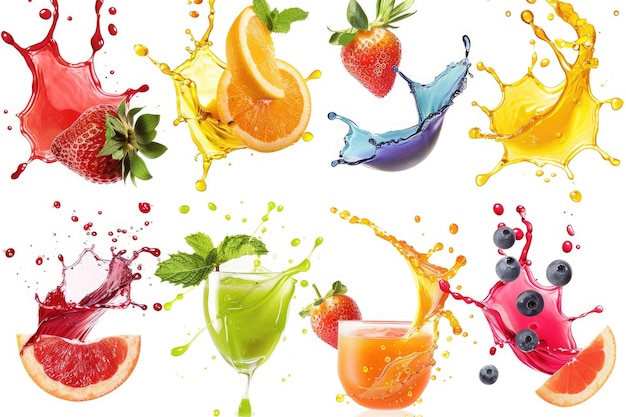 Photo collection of fruit juice colorful splashes isolated on white background