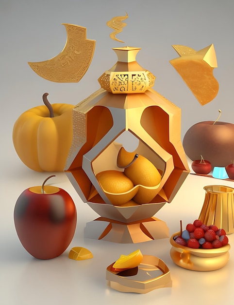 A collection of fruit and vegetables including one that Rosh Hashanah AIGenerated