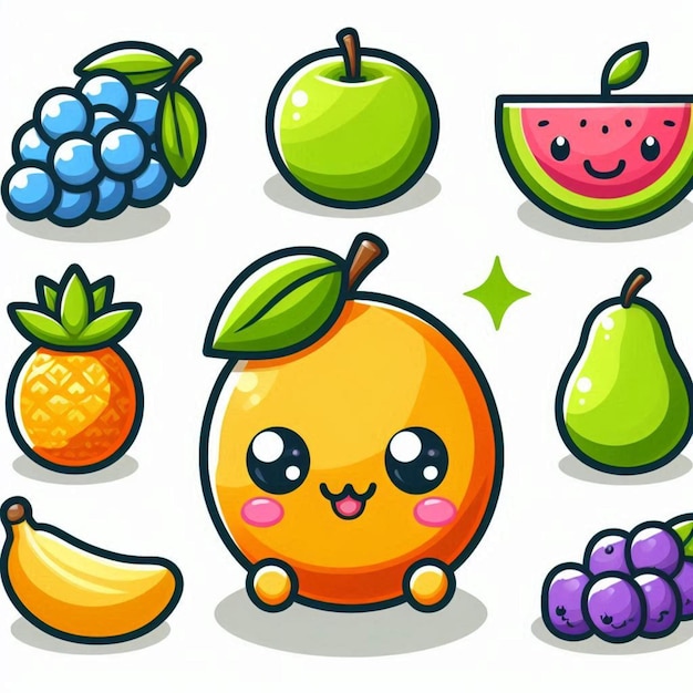 a collection of fruits including one that has a face with a face on it