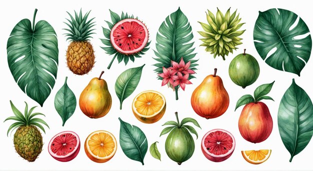 Photo a collection of fruits and leaves illustrations by person