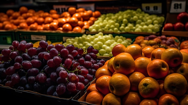 A collection of fruits on a supermarket shelf fresh fruit products in the mall generative ai