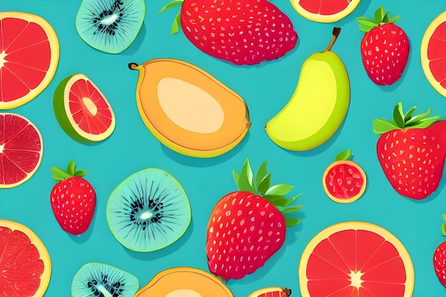 A collection of fruits with a background of different colors.