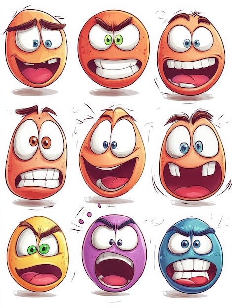 Photo collection of funny cartoon faces with different expressions