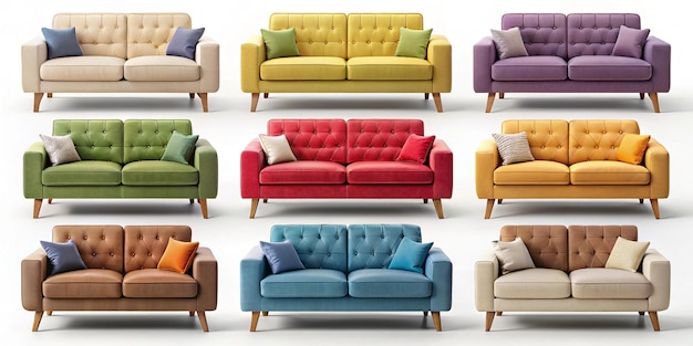 a collection of furniture including a couch with different colors