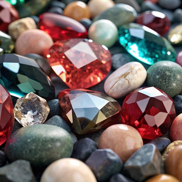 a collection of gemstones including one that has a cross on it