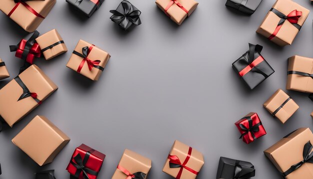 a collection of gift boxes with a red bow on the bottom