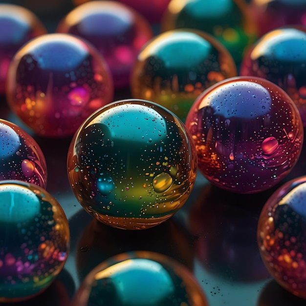 a collection of glass balls with the reflection of the rainbow