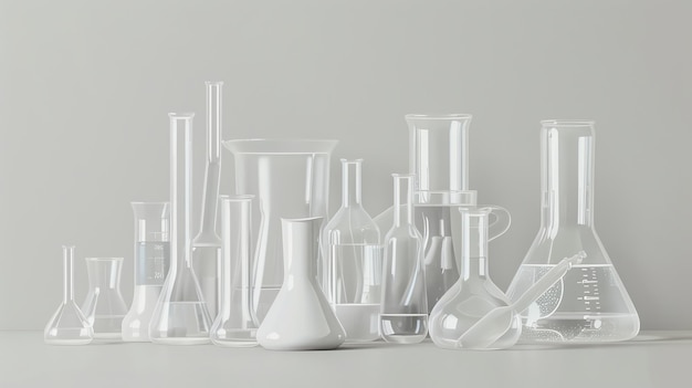 A collection of glass beakers and flasks some filled with clear liquid on a white background