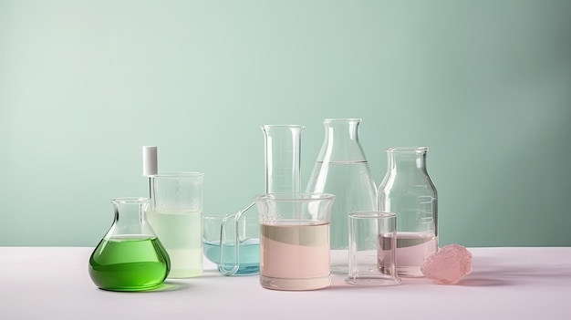 A collection of glass beakers with different colored liquids on a table.