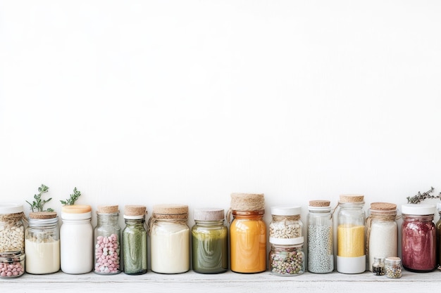 Photo a collection of glass jars filled with supplements and powders on a white background