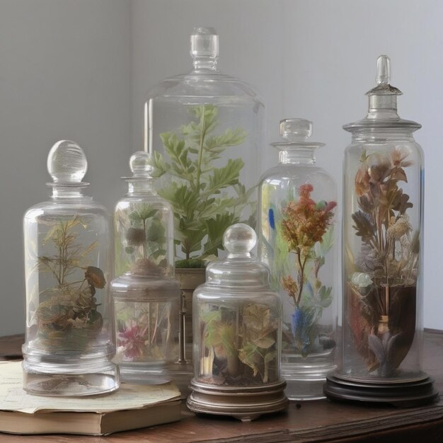 a collection of glass jars with flowers and leaves on them