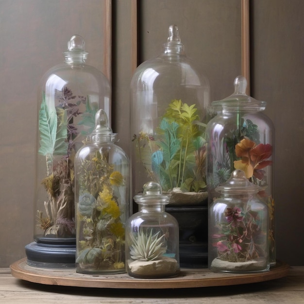 a collection of glass jars with flowers and plants on them