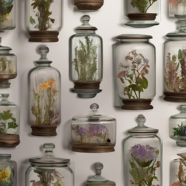 a collection of glass jars with flowers and plants on them