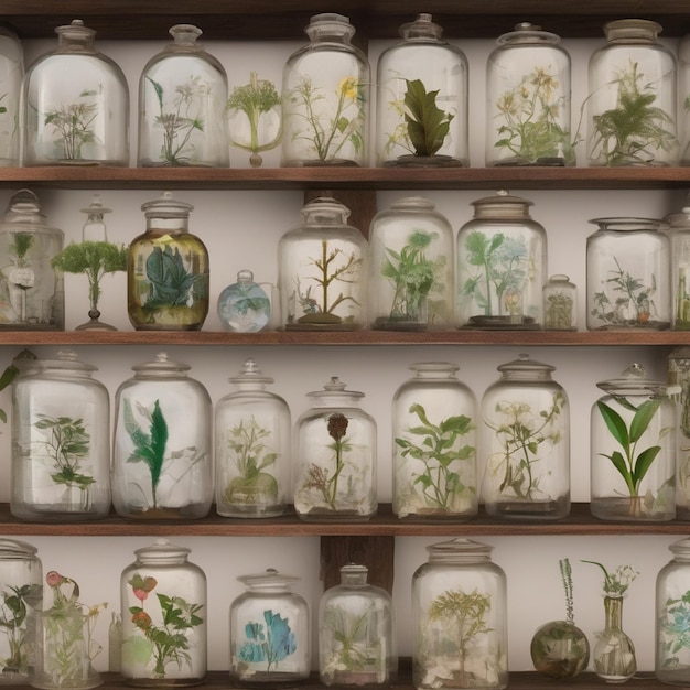 a collection of glass jars with plants and flowers on them