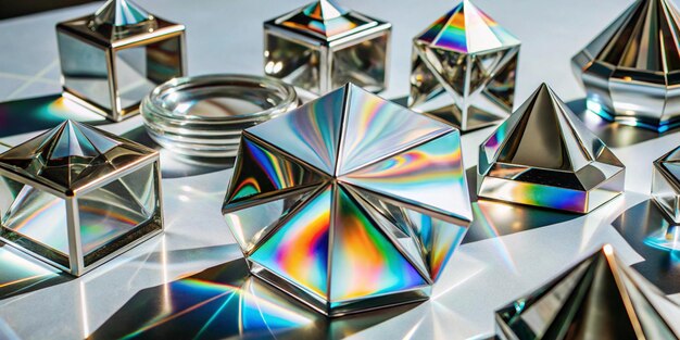 Photo a collection of glass objects on a table with a silver cross on top