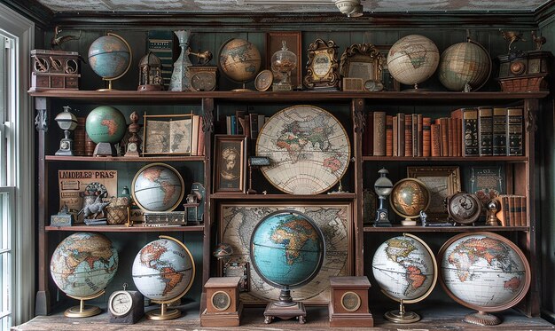 a collection of globes including globes maps and other objects