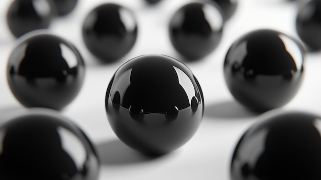 Collection of glossy black spheres arranged on a white surface