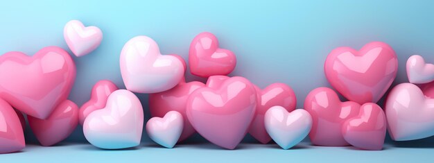 A collection of glossy hearts in shades of pink against a light blue background Banner