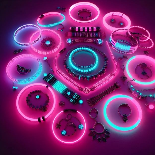 A collection of glowing bracelets and necklaces popular accessories for concerts and festivals iso