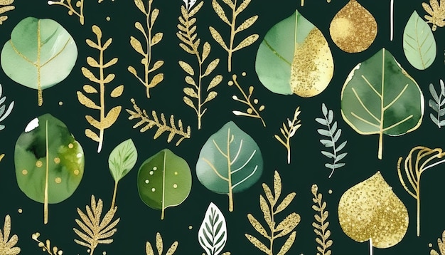 a collection of gold and green leaves and plants