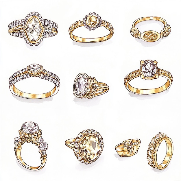 a collection of gold jewelry including one that has a diamond ring on it