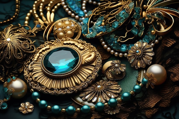 A collection of gold jewelry with a blue bird on the front