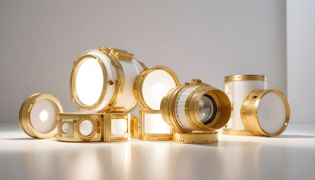 Photo a collection of gold and silver cameras with the word lens on the front