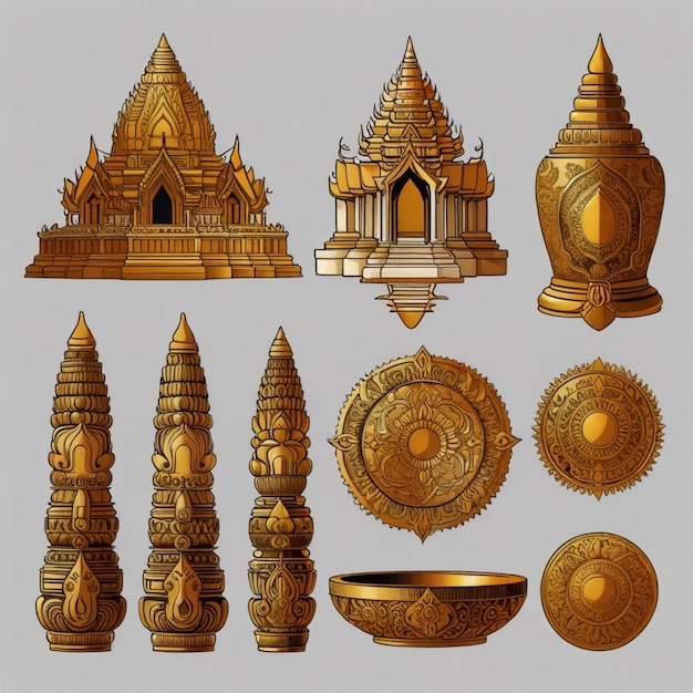 a collection of gold and silver pagodas and a bowl with a bowl with a bowl of rice