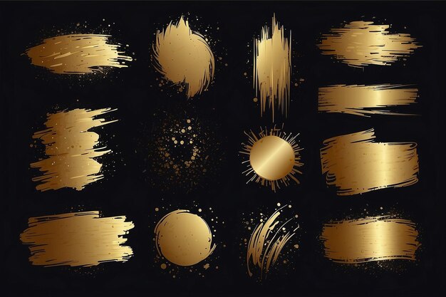 Photo collection of golden grunge brush stroke vector set isolated on dark background