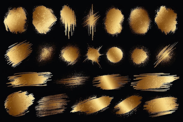 Photo collection of golden grunge brush stroke vector set isolated on dark background