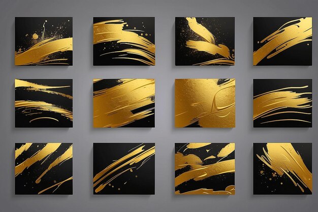 Photo collection of golden grunge brush stroke vector set isolated on dark background