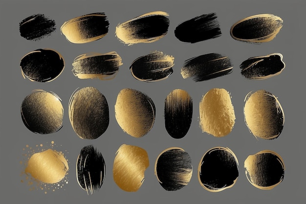 Photo collection of golden grunge brush stroke vector set isolated on dark background