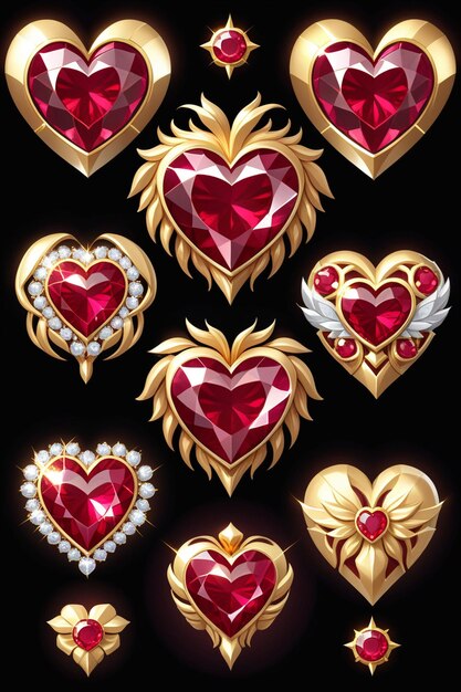 A collection of golden hearts with a sparkling ruby