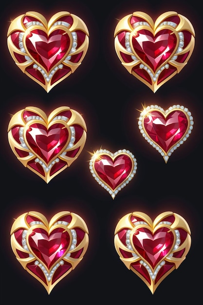 A collection of golden hearts with a sparkling ruby