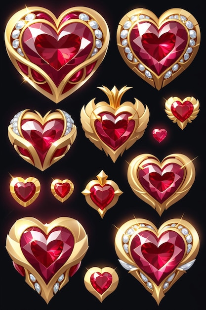 A collection of golden hearts with a sparkling ruby