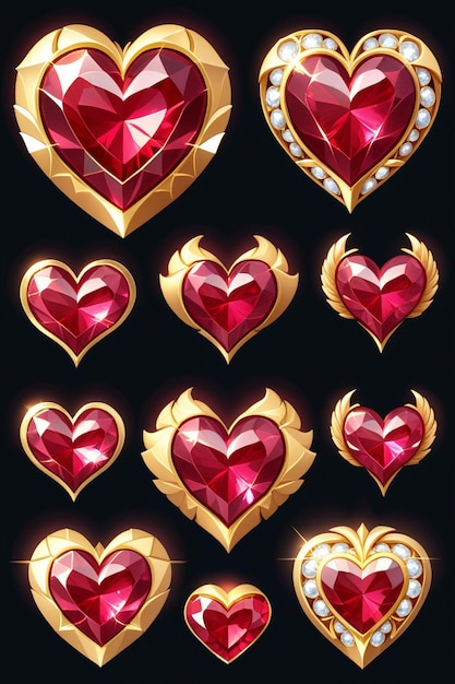 A collection of golden hearts with a sparkling ruby