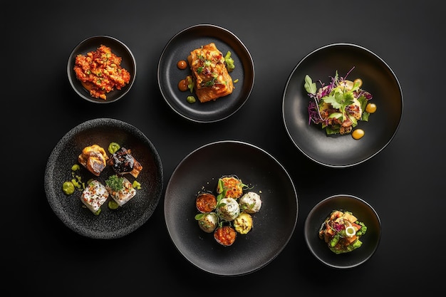 A collection of gourmet dishes arranged artistically on dark plates